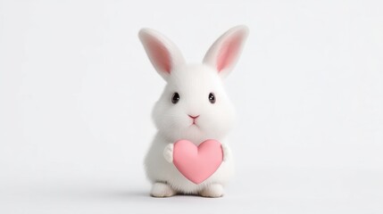 Fototapeta premium Adorable White Rabbit Holding a Pink Heart with Soft Expressions in a Minimalistic Style