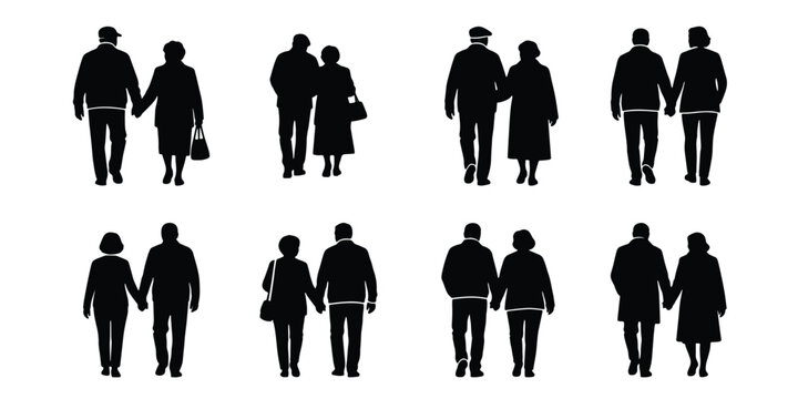 Senior couple silhouettes walking hand in hand, elderly people holding hands vector set, retired man and woman walking together, 8 pairs of aged people