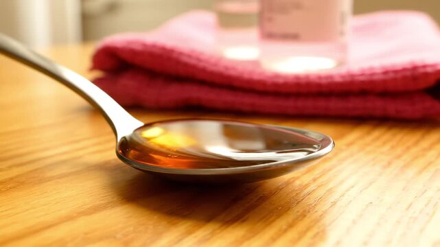 Close-up of a silver spoon holding a dose of golden medicine or syrup. Natural remedy for cold and flu on a wooden table. Healthcare concept