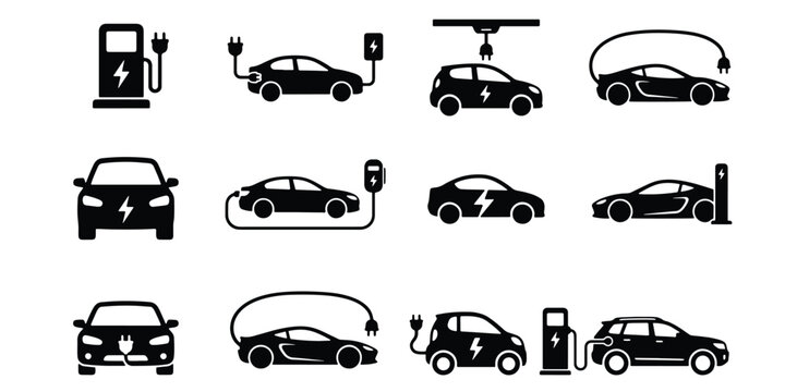 Electric vehicle charging icons, 12 black silhouette EV car symbols, sustainable transport and renewable energy station vector set for web design