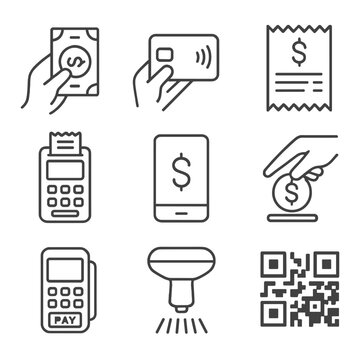 Payment method icons: cards, mobile, cash, qr code for digital transactions
