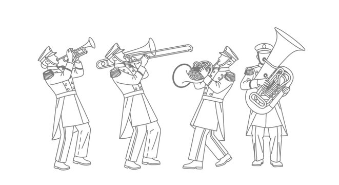Line Art Illustration of a Brass Band Marching Musicians Playing Instruments