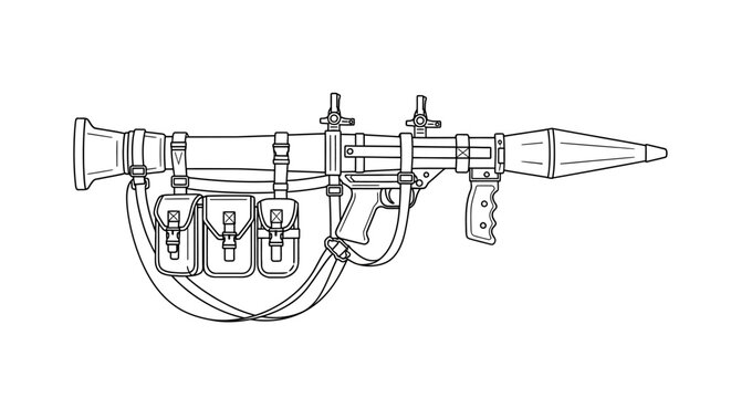 Line Art Illustration of a Bazooka Rocket Launcher with Ammunition Pouches