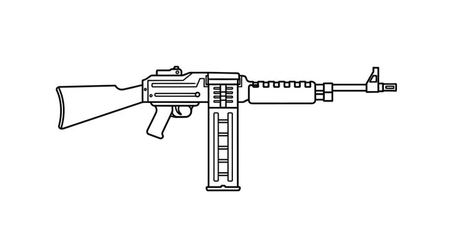 Line Art Illustration of a Vintage Machine Gun with Magazine