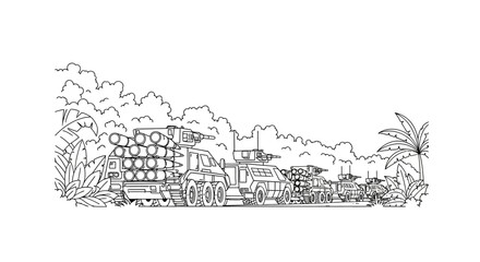 Fototapeta premium Military convoy in jungle, armed vehicles, trucks, and soldiers, illustration