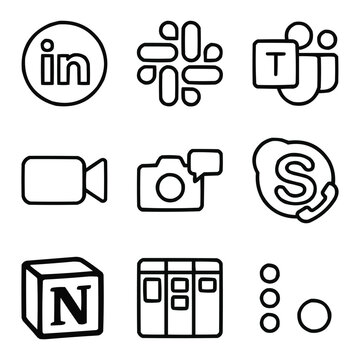 Corporate Communication Icons Set 2026, Black Outline Vector, LinkedIn Slack Teams Zoom Notion Trello Skype