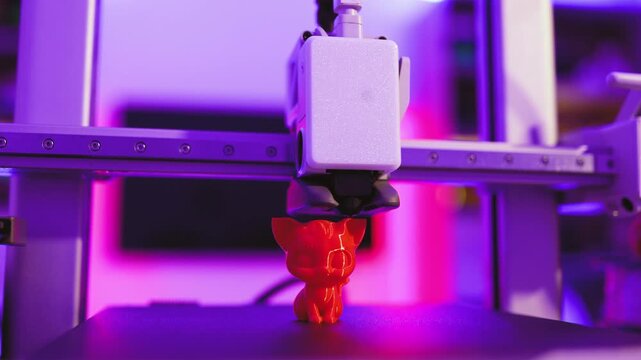 A 3D printer is in the process of creating a small, red, cat-shaped figurine with a vibrant purple background