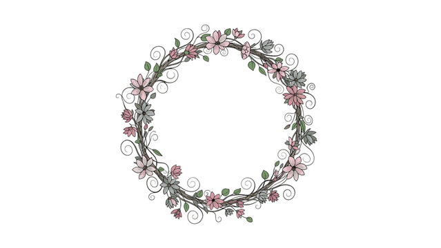 Delicate circular floral wreath made of pink and grey flowers with green leaves and thin brown vines on a white background.
