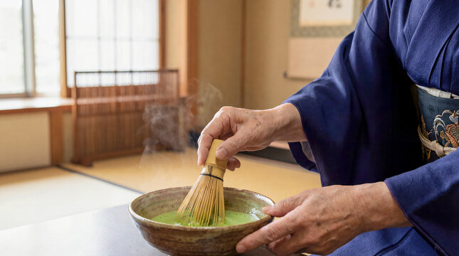 matcha tea ceremony whisk bowl kimono tatami ritual preparation hospitality showing careful whisking of green tea in a quiet room that conveys mindfulness refinement calm and ceremonial culture