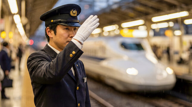 bullet train conductor station salute rain uniform platform railway service capturing departure beside a fast train and conveying professionalism precision transit efficiency and commuter culture
