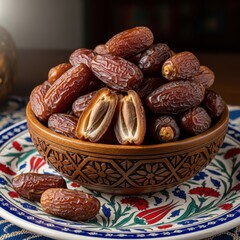 Obraz premium Plump, rich, dark brown dates in a hand-carved wooden bowl, resting on a vibrant floral Turkish plate, showcasing natural texture and cultural authenticity Eid Mubarak Theme