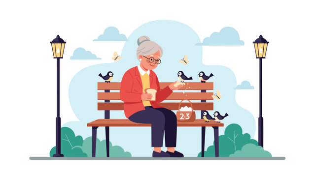 Elderly woman sitting on a wooden park bench and feeding small birds with bread crumbs on a cloudy day with street lamps and greenery around.
