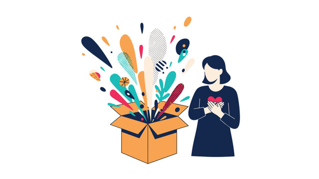 Woman standing next to an open cardboard box with colorful abstract shapes exploding from it while holding a red heart against her chest.