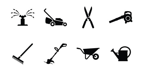 Gardening tools icon set with lawn mower and sprinkler, 8 black vector silhouettes for landscaping and yard maintenance, garden equipment collection © Laila