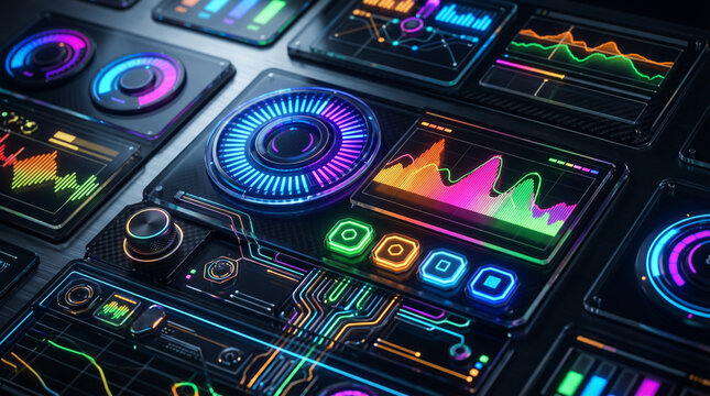 Digital data dashboard displaying colorful infographics and futuristic analytics monitoring screen.