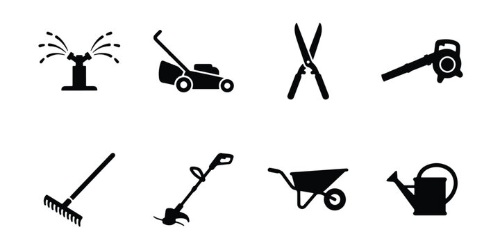 Gardening tools icon set with lawn mower and sprinkler, 8 black vector silhouettes for landscaping and yard maintenance, garden equipment collection