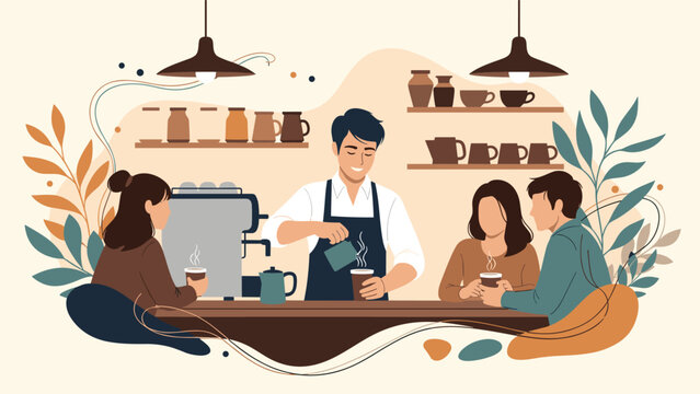 Friendly barista prepares fresh coffee for a couple sitting at the counter in a modern and stylish cafe setting.