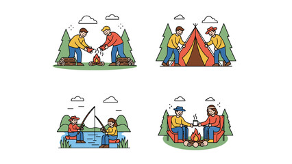 Naklejka premium Multiple illustrations show people engaged in various camping activities like building fires, fishing, and pitching tents.