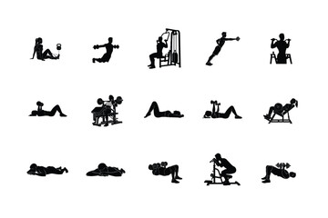 Obraz premium Cardio Gym Equipment Workout Silhouettes People on Treadmill, Elliptical Training, and Fitness Machine Icons
