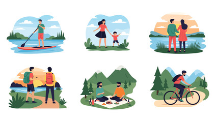 Fototapeta premium Set of illustrations features people enjoying various outdoor activities like hiking, cycling, paddleboarding, and picnicking.