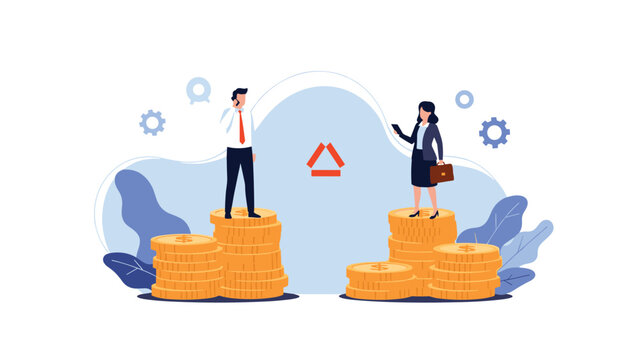 Concept of financial gap and income inequality shows a man and woman standing on different sized stacks of gold coins.
