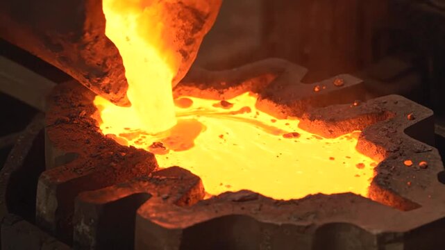 Molten metal being poured into a mold during the casting process in a factory.