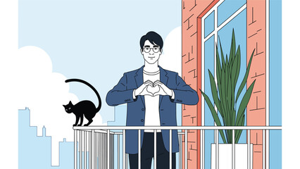 Young man wearing glasses and a blazer stands on a city balcony making a heart shape with his hands while a black cat watches. © Mr