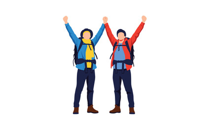 Obraz premium Two hikers in winter clothing standing together with their arms raised in victory, celebrating their successful climb to the peak.