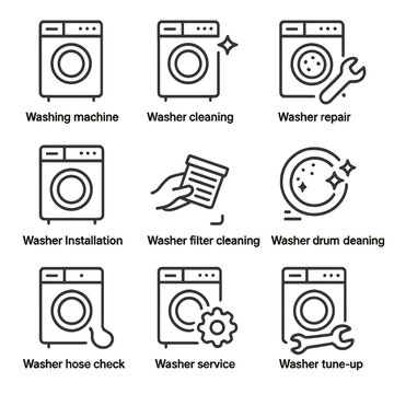 Washing machine maintenance icons for repair, cleaning, and installation
