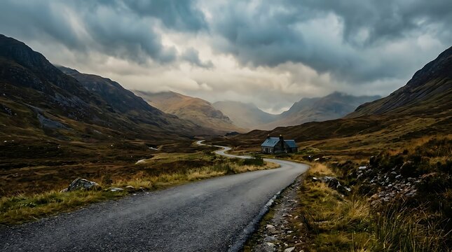 A winding road leads to a small house in a mountainous landscape under a cloudy sky
