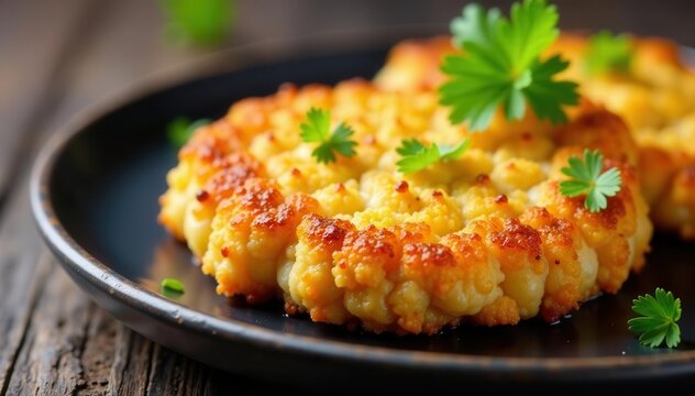 Close-up of a delicious, crispy hackschnitzel , plate, fried