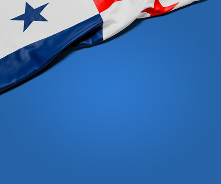 The wrinkled flag of Panama draped on a blue background with shadow and copy space