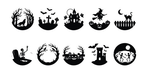 Obraz premium Halloween silhouette icons set, spooky holiday vector elements with haunted house and graveyard, black circular spooky scene illustrations for party decor