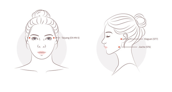 Facial pressure points for jaw tension relief at temples, jaw muscle and jaw joint