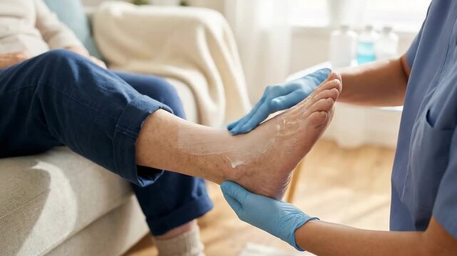 Caregiver applying cream on elderly foot, home healthcare treatment, senior care and hygiene, close-up of medical support and skin care routine indoors