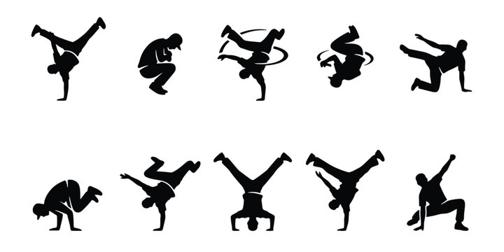 Breakdance silhouette collection of 10 vector elements, hip hop street dancers performing acrobatic moves, urban b-boy dance poses and handstands