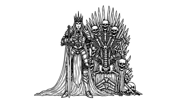 Detailed line art queen slayer with skeleton throne and sword black and white vector illustration