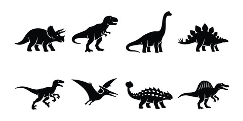 Dinosaur silhouette icons set, prehistoric animal vector collection, black t-rex and triceratops shapes, 8 jurassic creature graphics for logos © Omar