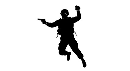 Obraz premium Silhouette of a soldier in action, holding a gun and throwing a grenade, dynamic pose