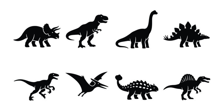Dinosaur silhouette icons set, prehistoric animal vector collection, black t-rex and triceratops shapes, 8 jurassic creature graphics for logos