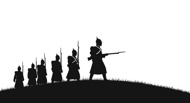 Silhouette of ancient soldiers marching on a hill with rifles