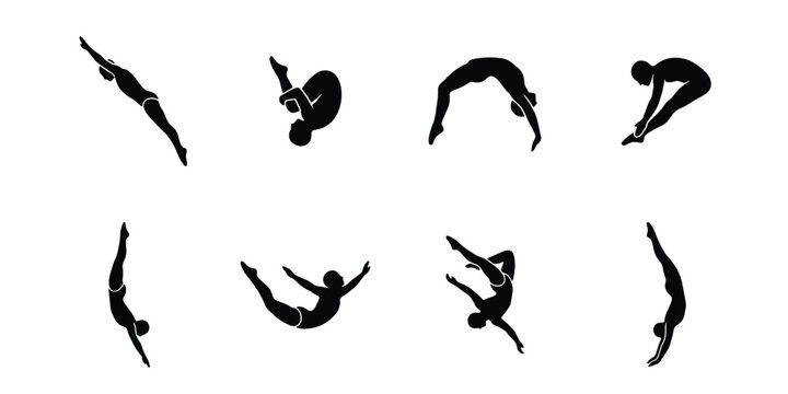 Professional diving silhouettes set, 8 athlete vector icons in mid-air poses, competitive swimming and high dive performance graphics