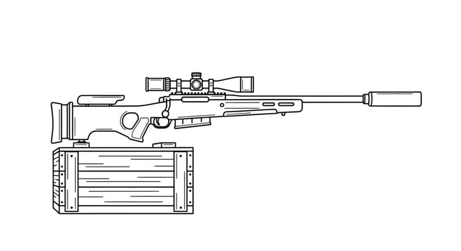 Sniper Rifle with Scope and Silencer on Wooden Crate - Line Art Illustration
