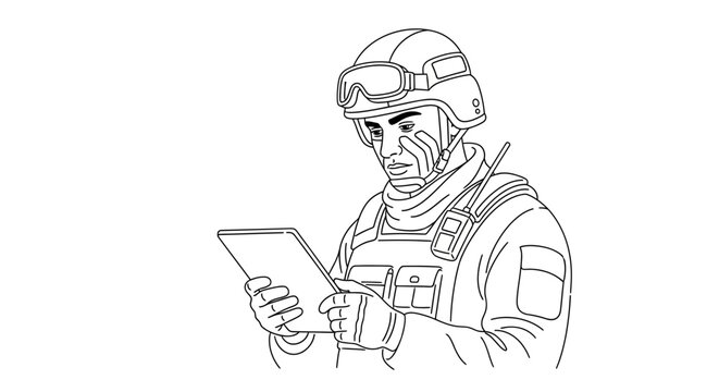 Soldier using tablet computer in tactical gear, military communication technology