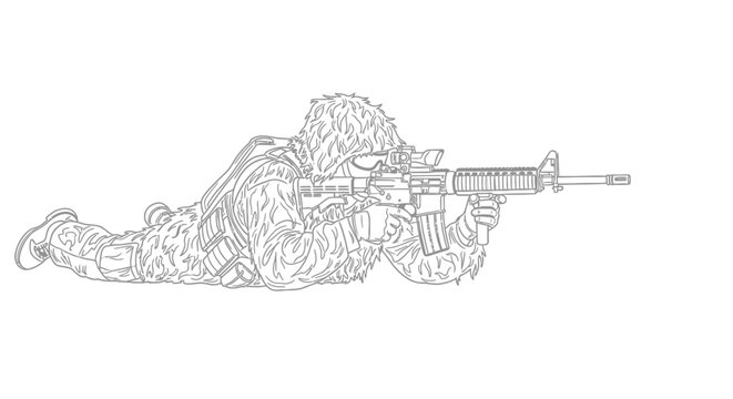 Sniper Soldier Camouflage Ghillie Suit Lying Prone Aiming Rifle