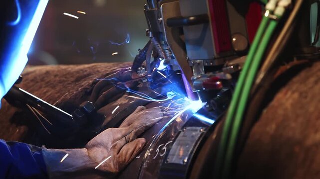 Close up video of automatic welding on large steel pipeline with bright sparks gloved worker and welding head inside industrial production line pipe fabrication process in factory bright sparks