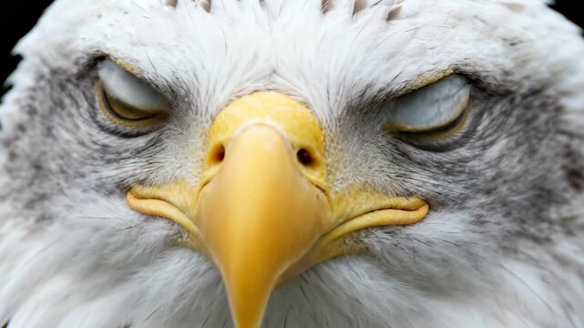 Extreme close-up of a bald eagle looking at the camera. Detailed portrait of a bird of prey. Wildlife and nature concept