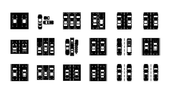 Top Down View of Various Parking Lot Layouts and Cars.
