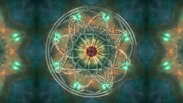 Seamless 4K60 loop. Intricate 3D glass woven star mandala with textured rings over a glowing fiery orange and deep blue cosmic nebula background. Perfect for horizontal or vertical VJ sets.