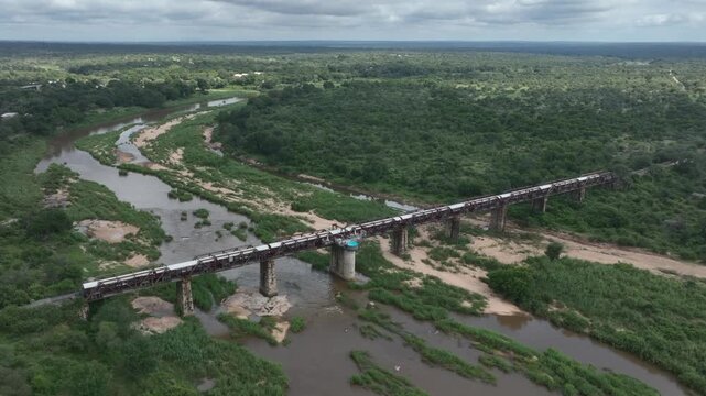 Rotating aerial of Kruger Shalati The Train on the Bridge in South Africa.